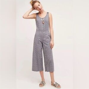 Elevenses XS Tie-Back Jumpsuit Geo Print Blue Pink Cotton Pockets Anthropologie